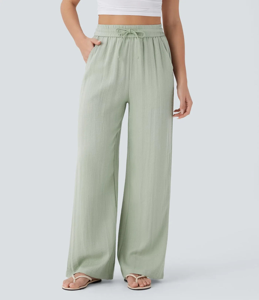 High Waisted Drawstring Pocket Wide Leg Casual Linen-Feel Pants