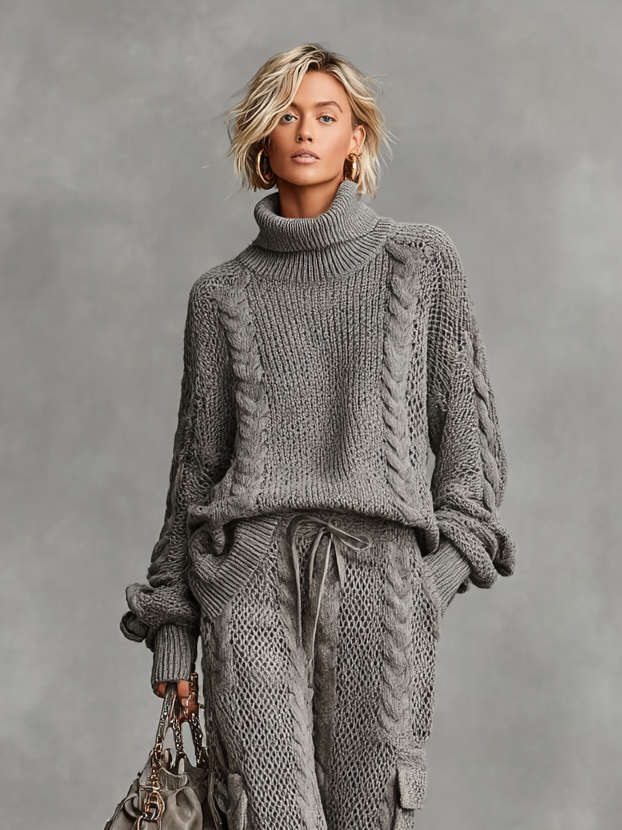 Women's Casual Cable Knit Turtleneck Sweater Cargo Pants Set
