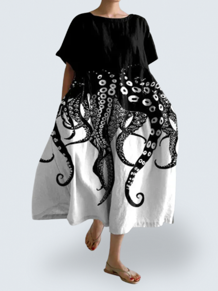 Judy's Flow Dress – Effortless Elegance with Octopus Art