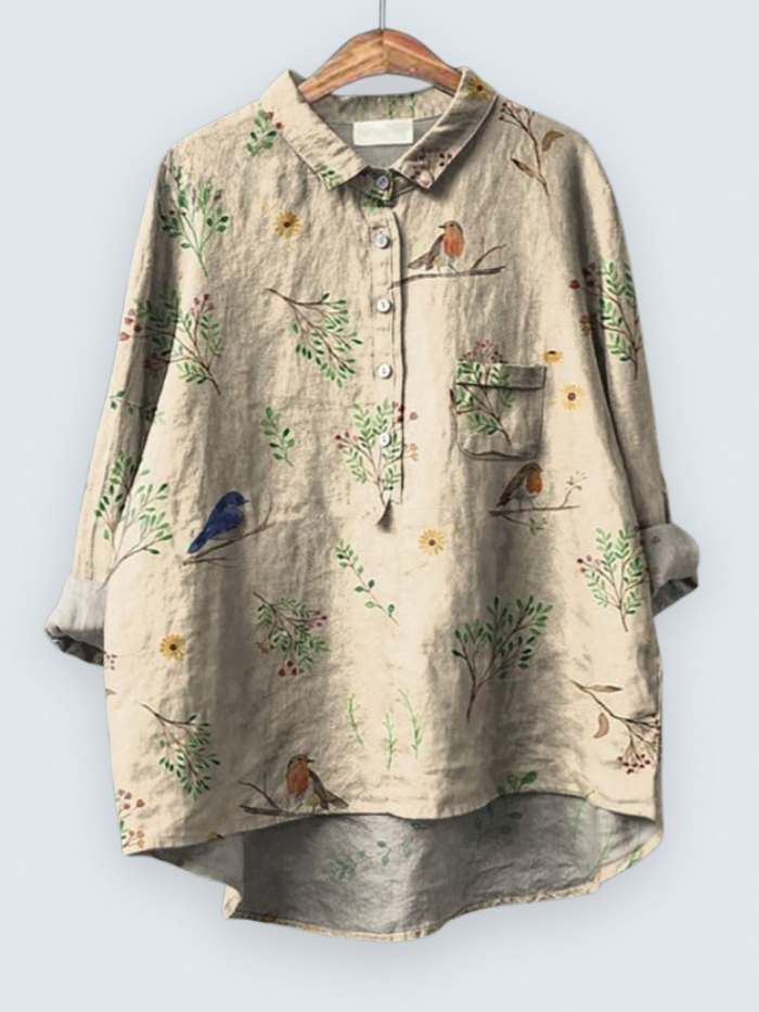 Boughs And Robin Birds Pattern Printed Women's Casual  Shirt