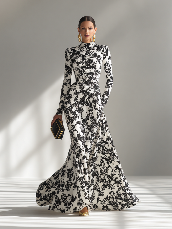 Black And White Patterned Stretch Blend Wrap Dress