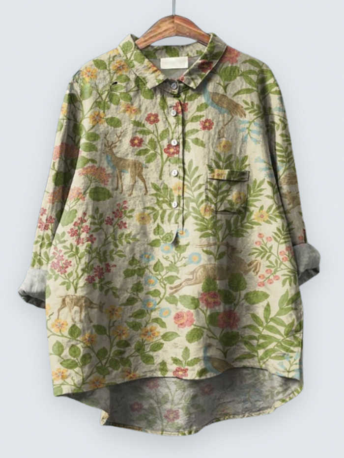 Women's Vintage Floral Animals Art Print Casual Shirt