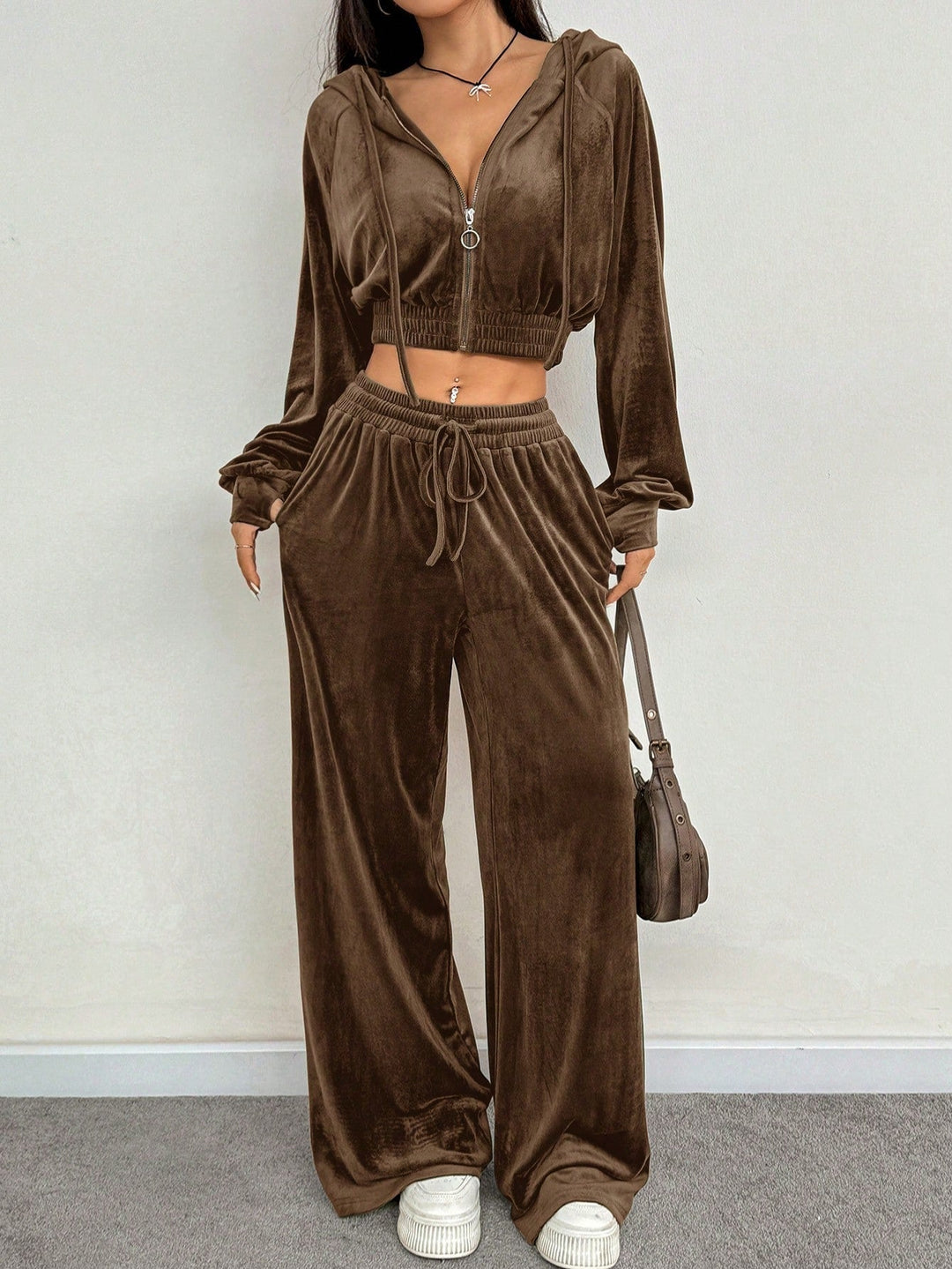 Solid Color Zipper Front Long Sleeve Hoodie And Pants