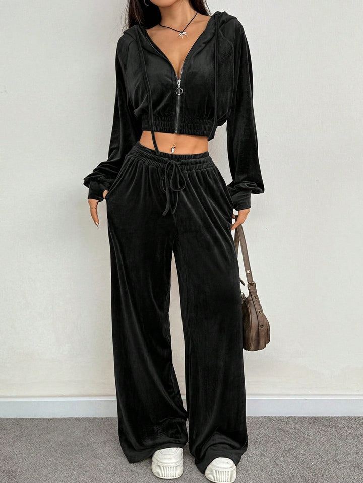 Solid Color Zipper Front Long Sleeve Hoodie And Pants