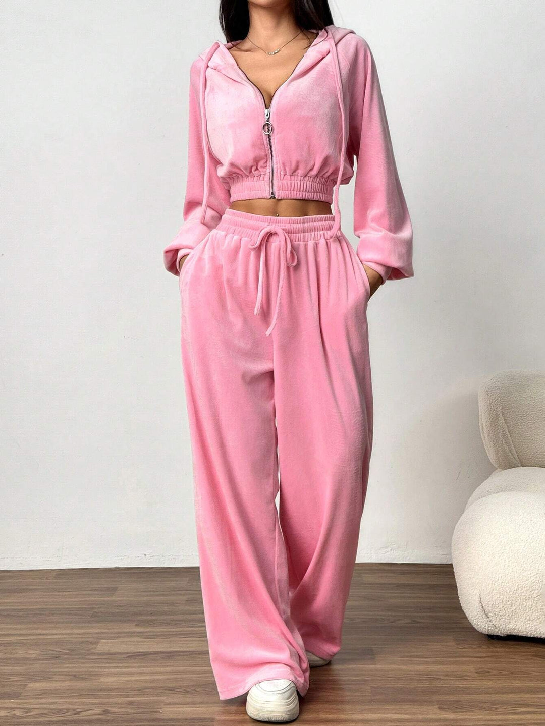 Solid Color Zipper Front Long Sleeve Hoodie And Pants