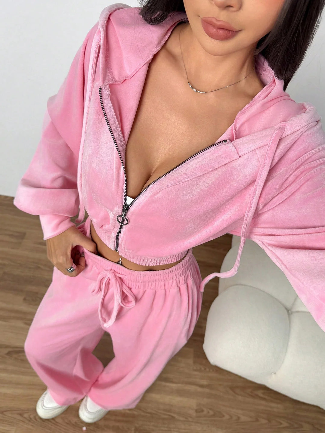 Solid Color Zipper Front Long Sleeve Hoodie And Pants