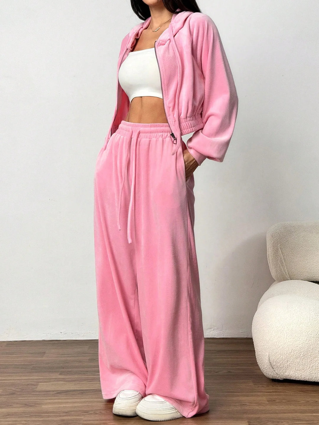 Solid Color Zipper Front Long Sleeve Hoodie And Pants