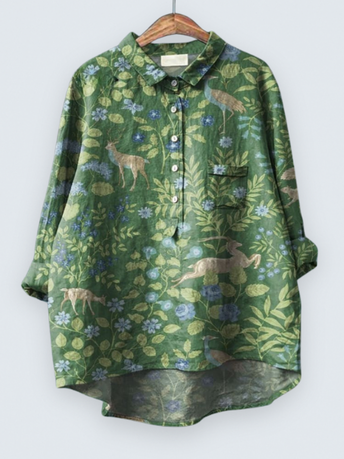 Women's Vintage Floral Animals Art Print Casual Shirt