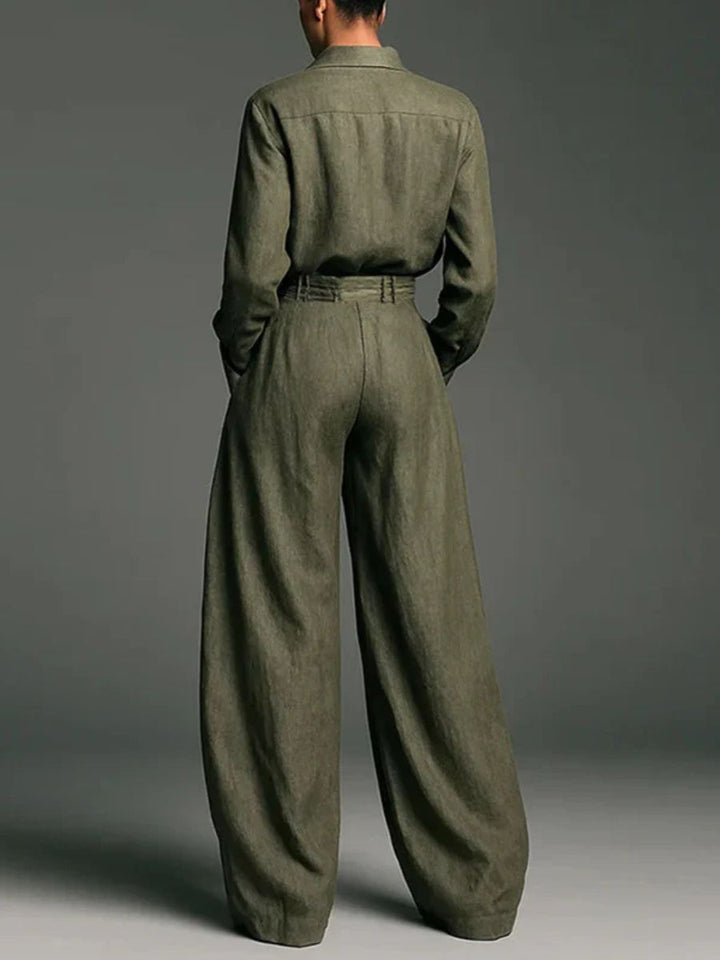 Linen Blend Lapel Long-sleeved Shirt and High-waist Pocket Loose Wide-leg Pants Set