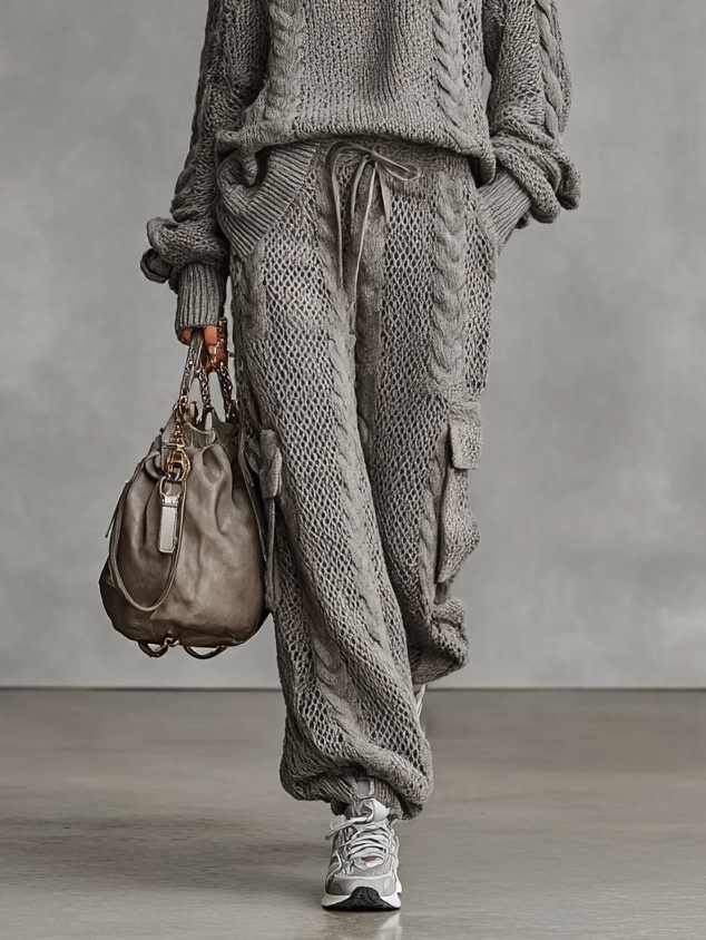 Women's Casual Cable Knit Turtleneck Sweater Cargo Pants Set