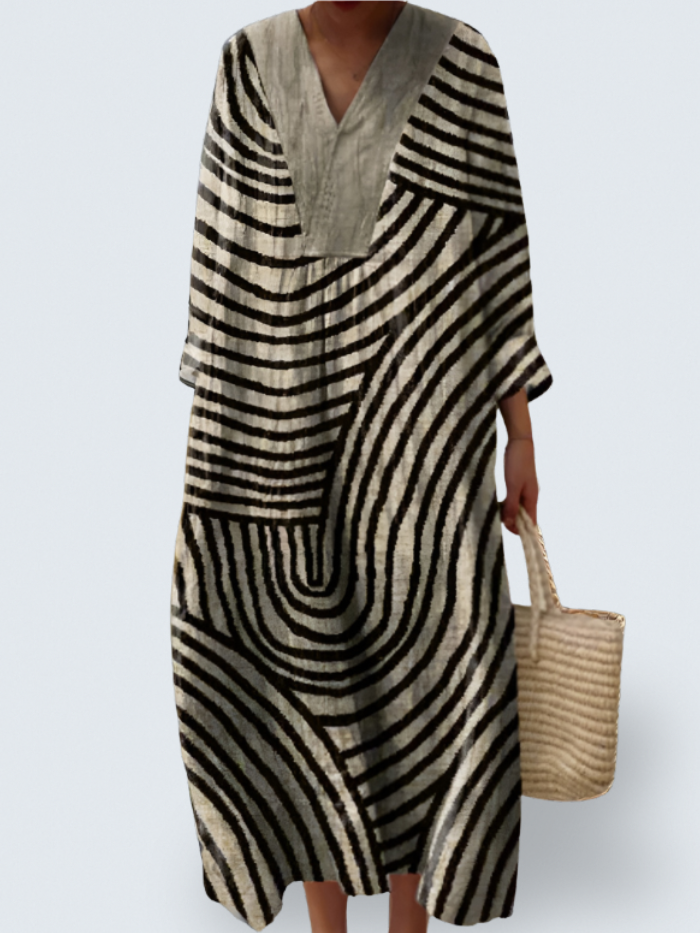 Marvena – Monochrome Wave Midi Dress for Women