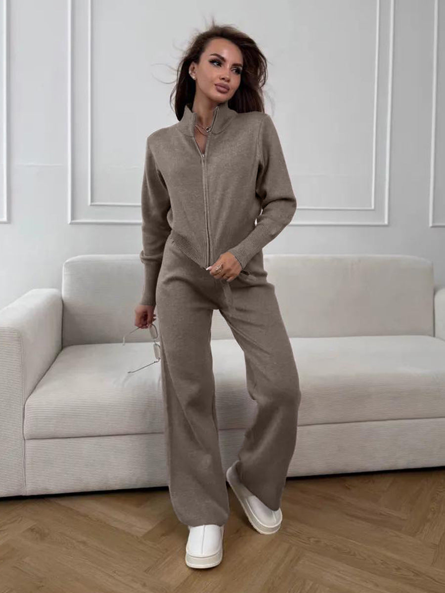 Knit 2 Piece Set – Drawstring Wide Leg Pants with Zip Jacket Top