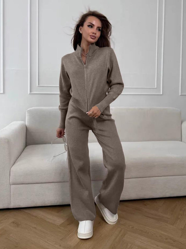 Knit 2 Piece Set – Drawstring Wide Leg Pants with Zip Jacket Top
