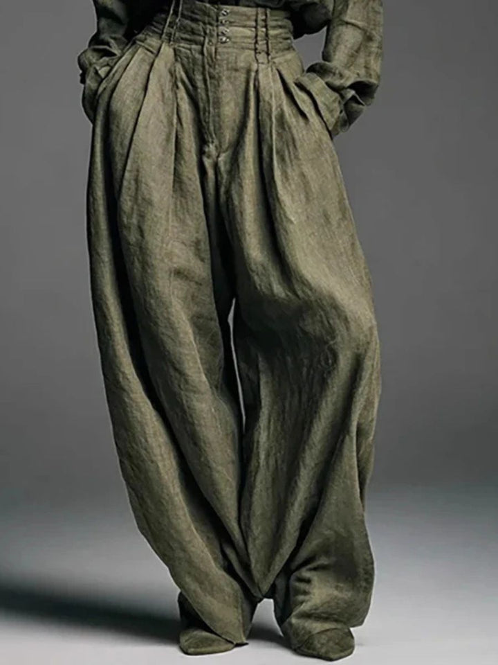 Linen Blend Lapel Long-sleeved Shirt and High-waist Pocket Loose Wide-leg Pants Set