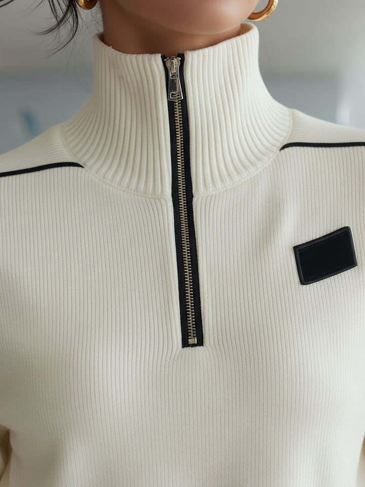 Casual Ribbed Trim Zipper Turtleneck Sports Set