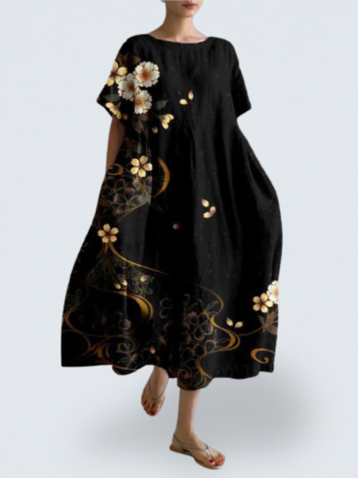 Anna's Flow Dress – Effortless Elegance with Bold Floral Art