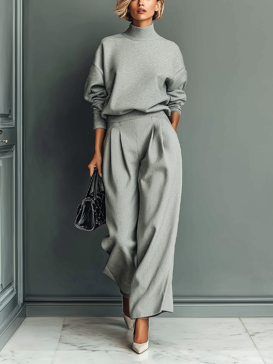Women's Grey Blended Sweatshirt Wide-Leg Pants Set