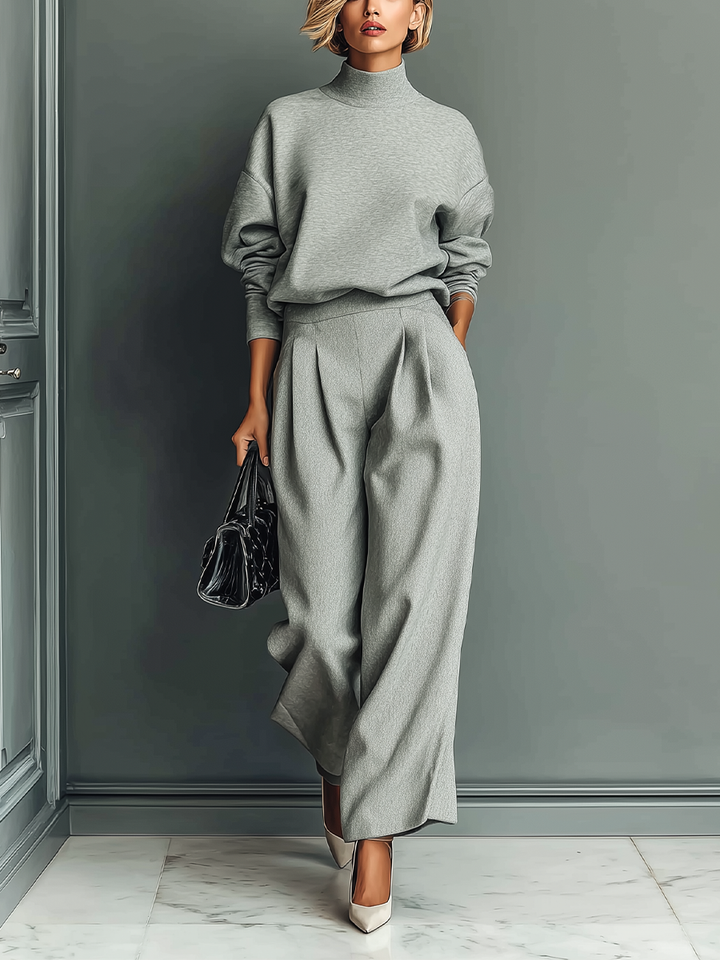 Women's Grey Blended Sweatshirt Wide-Leg Pants Set