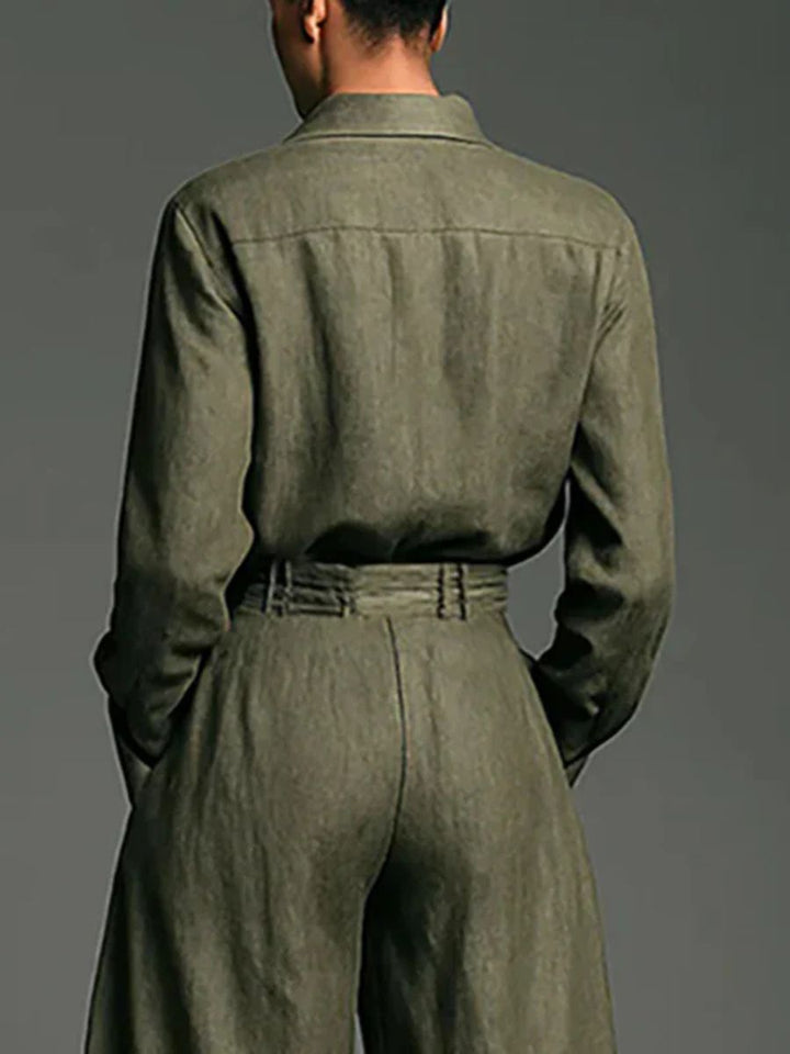 Linen Blend Lapel Long-sleeved Shirt and High-waist Pocket Loose Wide-leg Pants Set