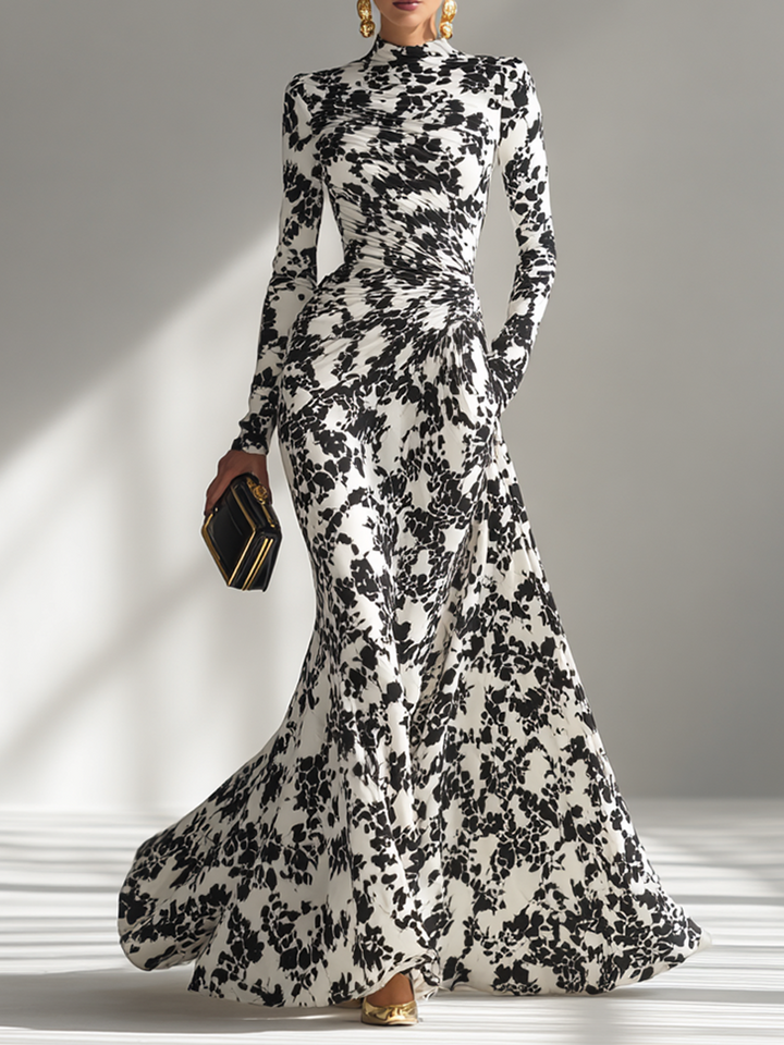 Black And White Patterned Stretch Blend Wrap Dress