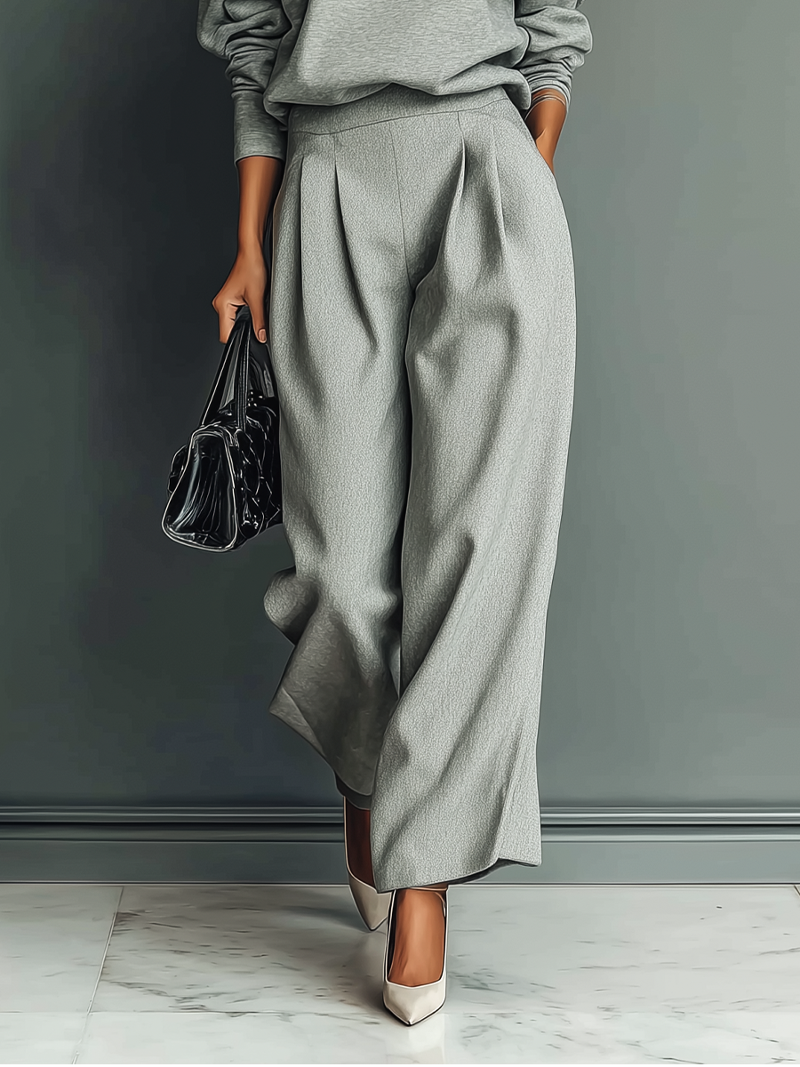 Women's Grey Blended Sweatshirt Wide-Leg Pants Set