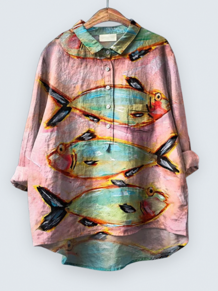 Women's Vintage Fish Art Print Casual Shirt