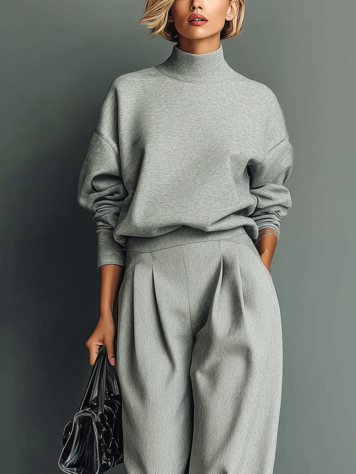Women's Grey Blended Sweatshirt Wide-Leg Pants Set
