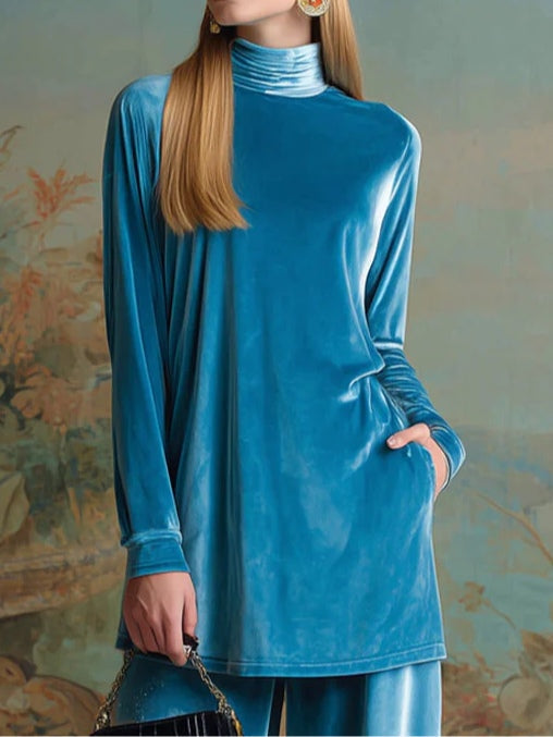 High-neck blue velvet loose casual set