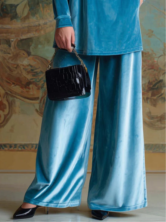 High-neck blue velvet loose casual set