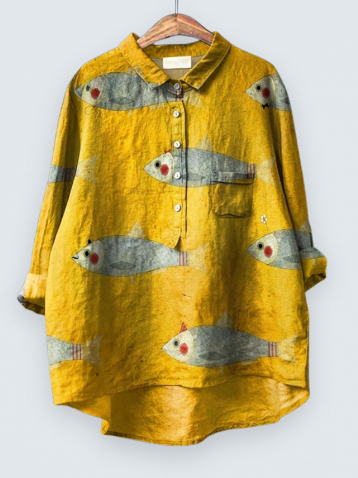 Women's Vintage Fish Art Print Casual  Shirt