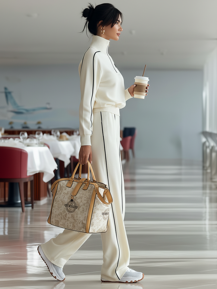 Casual Ribbed Trim Zipper Turtleneck Sports Set