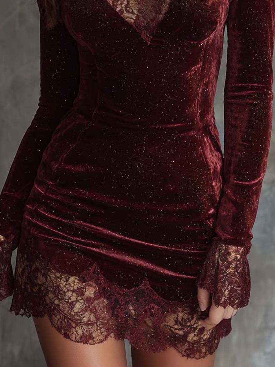 Red shimmering velvet lace-trimmed mini dress
