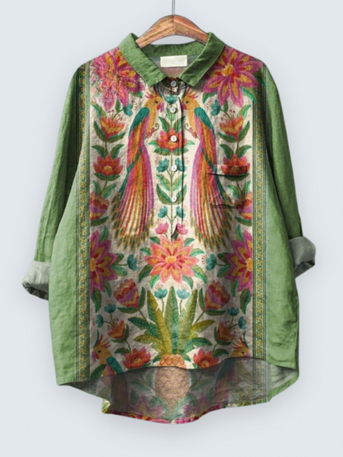 Women's Vintage Lovely Floral Birds Art Print Casual  Shirt