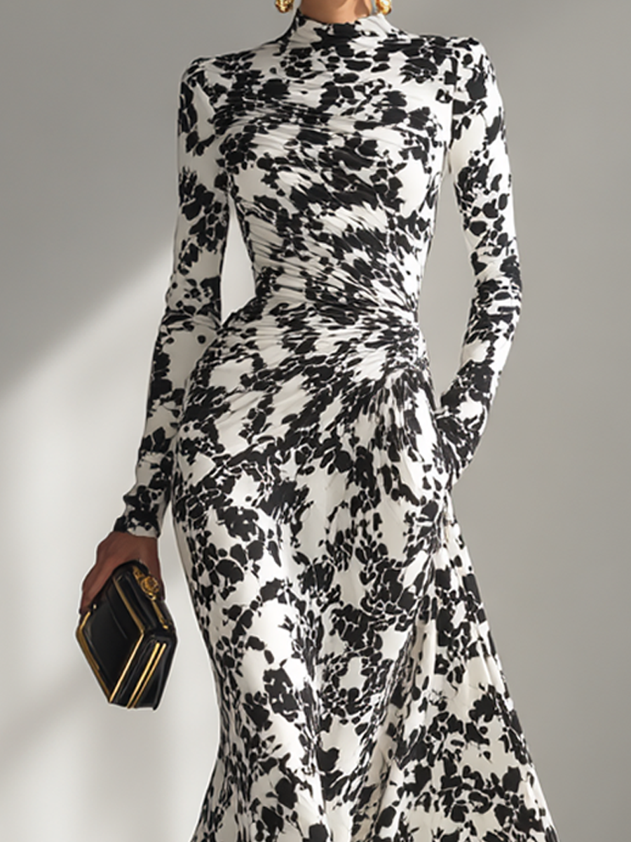 Black And White Patterned Stretch Blend Wrap Dress