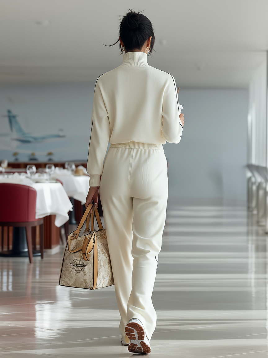 Casual Ribbed Trim Zipper Turtleneck Sports Set