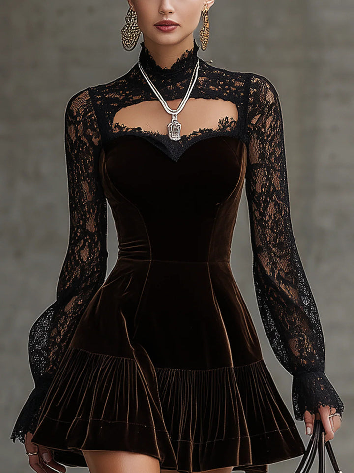 Velvet-trimmed lace-sleeved cutout fitted mini dress