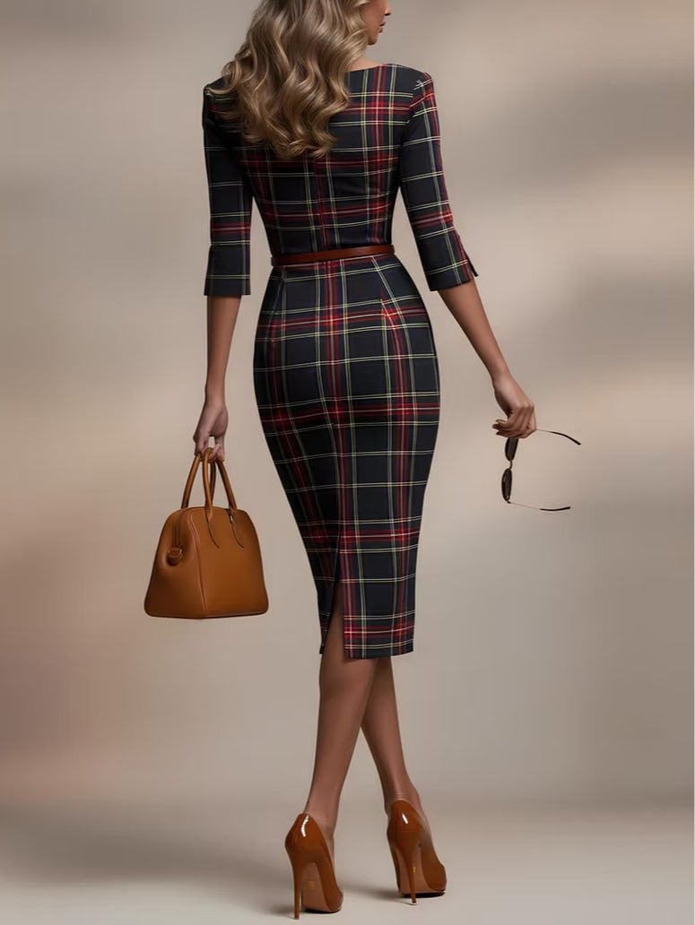 Classic plaid three-quarter sleeve midi dress