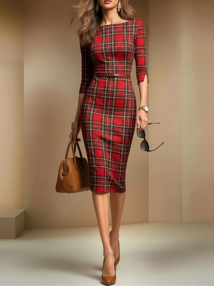 Red plaid three-quarter sleeve midi dress（Includes belt）
