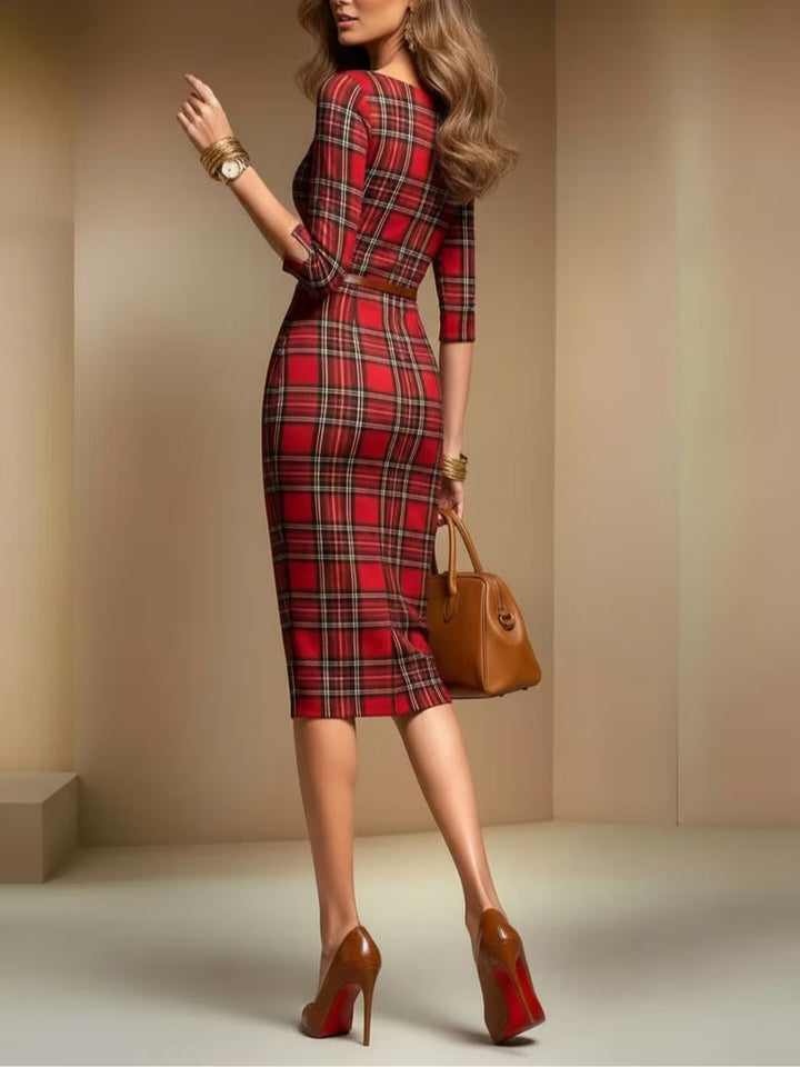Red plaid three-quarter sleeve midi dress（Includes belt）