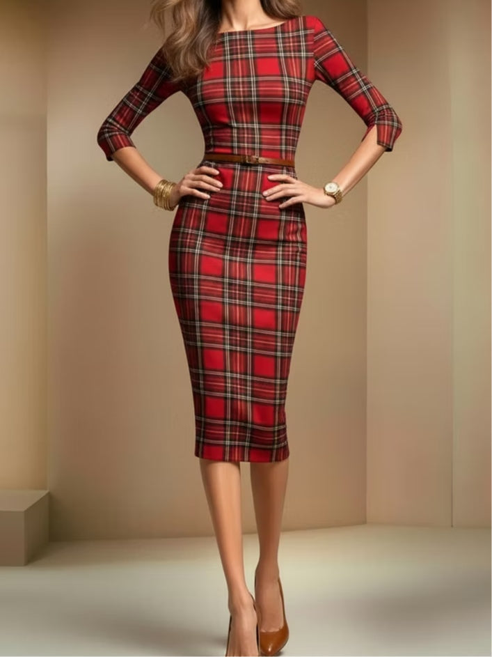 Red plaid three-quarter sleeve midi dress（Includes belt）