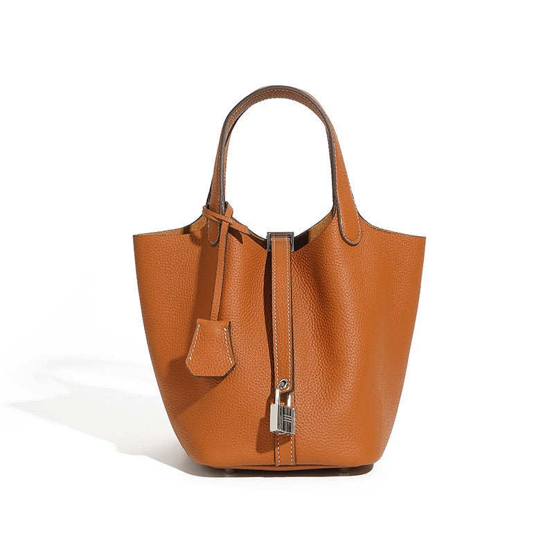 Women's Genuine Leather Silver Buckle Basket Bag