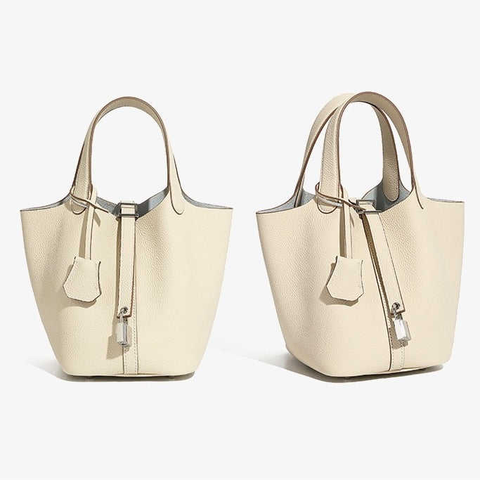 Women's Genuine Leather Silver Buckle Basket Bag