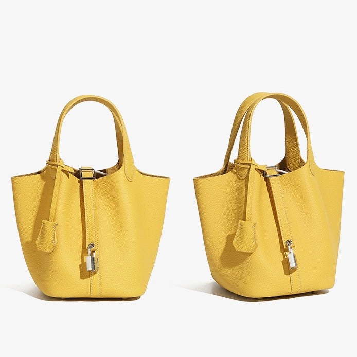 Women's Genuine Leather Silver Buckle Basket Bag
