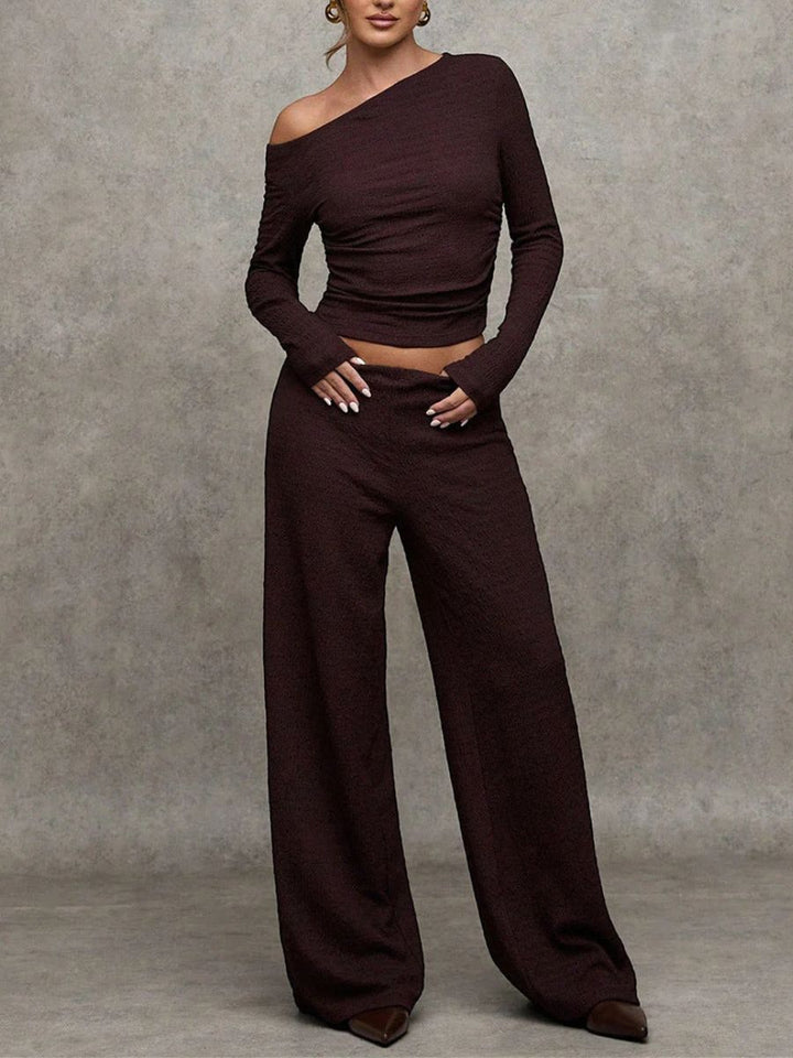 Brown Off Shoulder Knit Co Ord Set – Long Sleeve Top & Wide Leg Pants