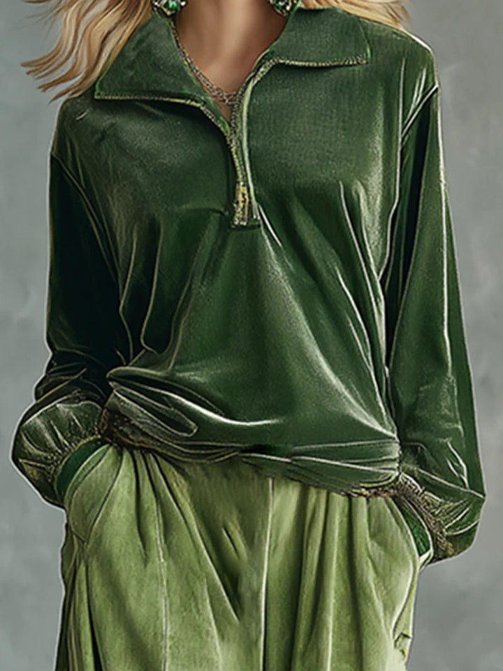 Retro Green Velvet Top And Leopard Print Wide-leg Pants Set