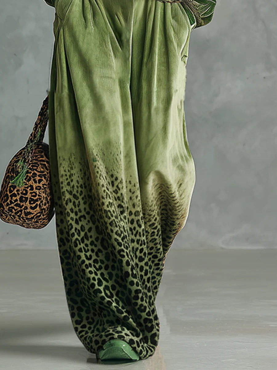 Retro Green Velvet Top And Leopard Print Wide-leg Pants Set