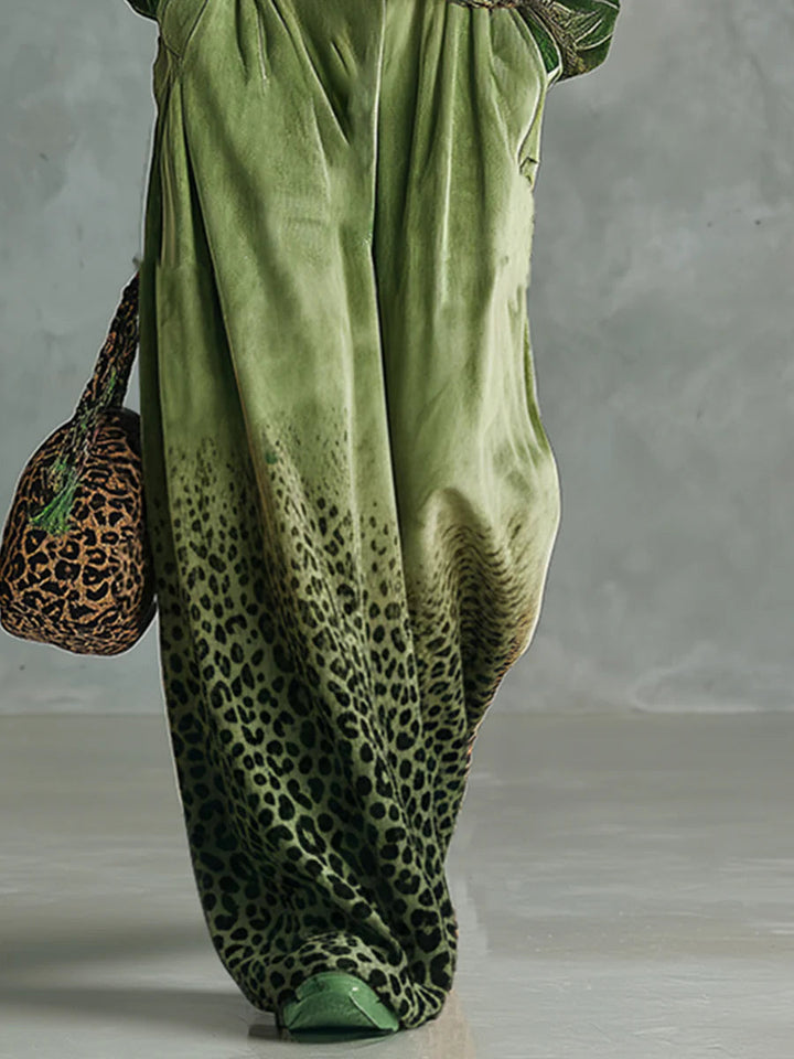Retro Green Velvet Top And Leopard Print Wide-leg Pants Set