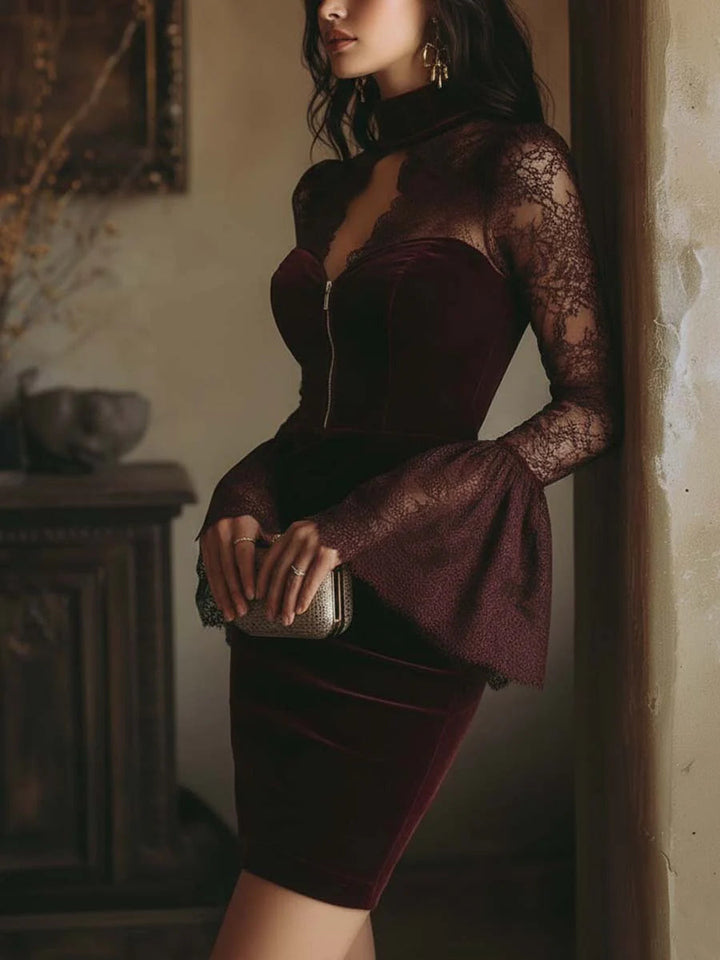Velvet & Lace Bodycon Mini Dress In Burgundy