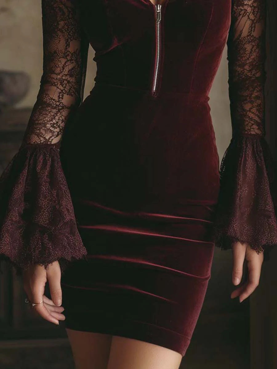 Velvet & Lace Bodycon Mini Dress In Burgundy