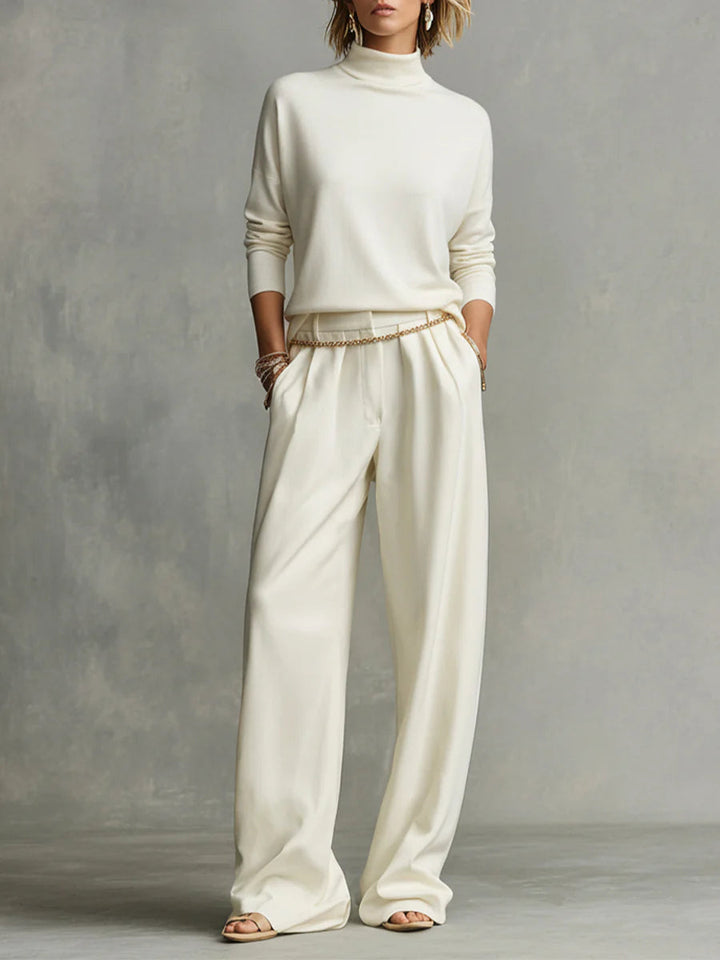 Soft turtleneck top and flowing wide-leg pants set (including waist chain)